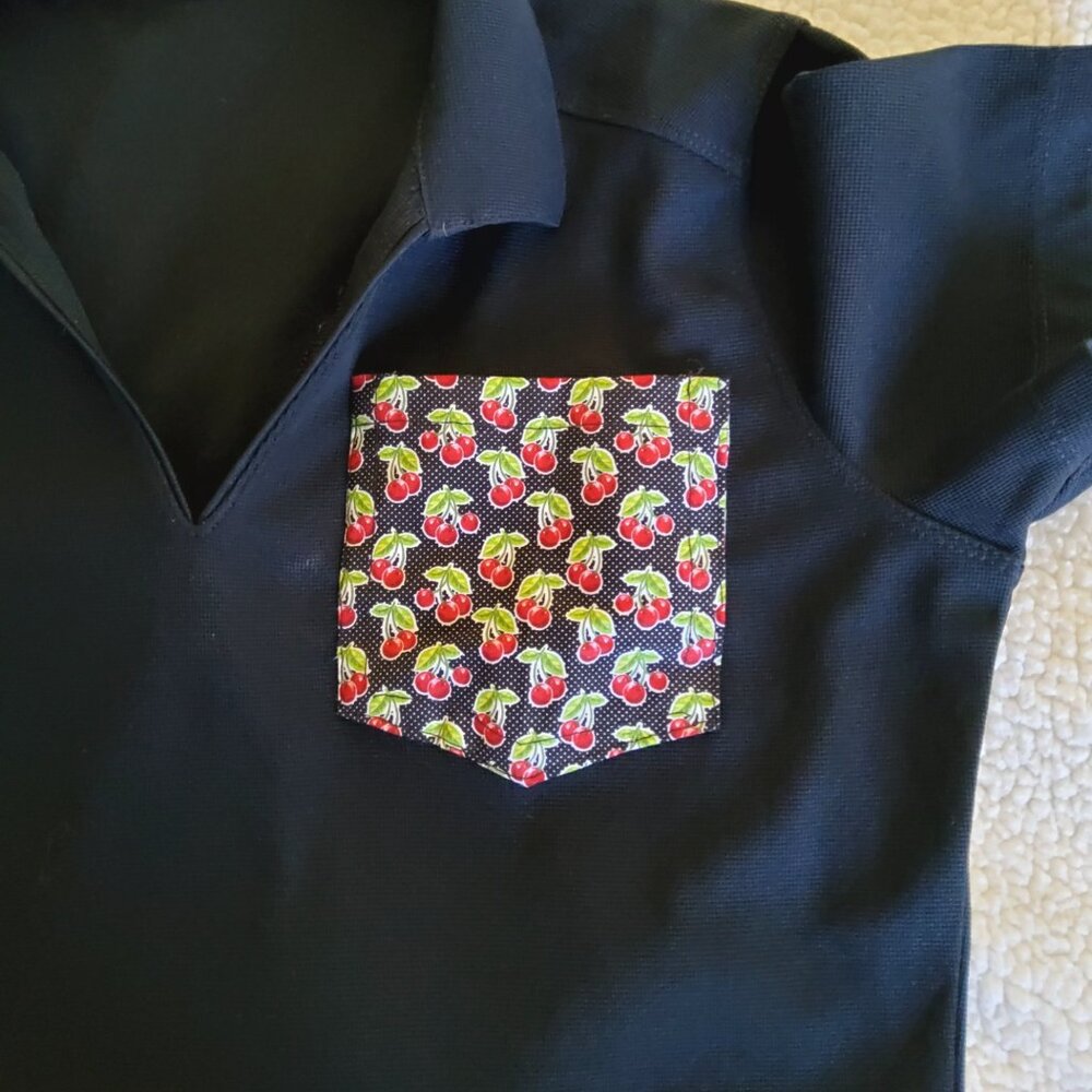Black Collared Polo Shirt Upcycled  Unique Cherry Patterned Pocket